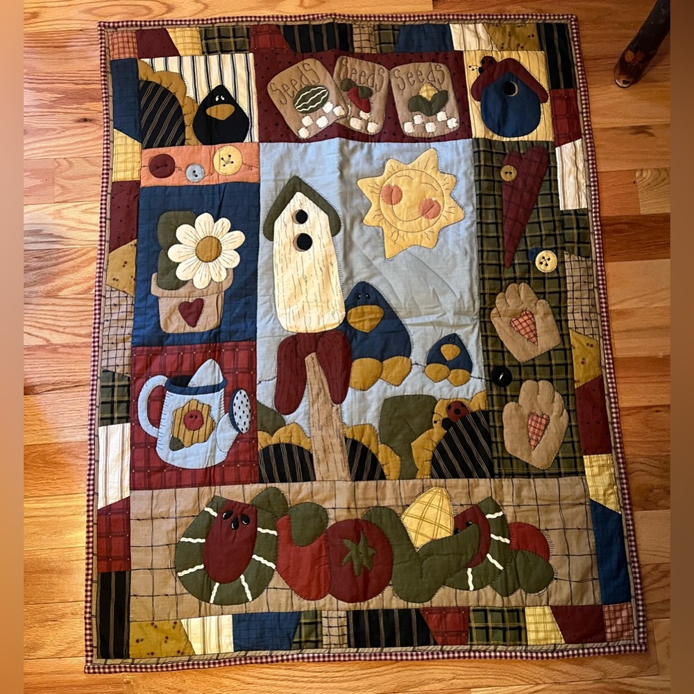 Colorful Handmade Patchwork Quilt with Birdhouse and Garden Design